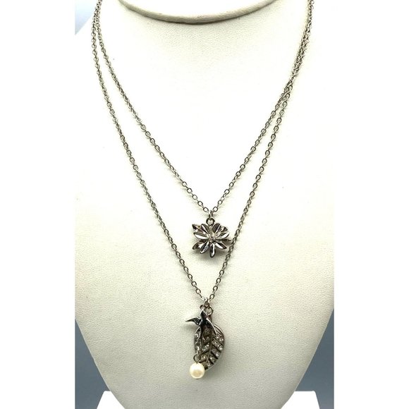 Vintage Double Strand Delicate Chain Choker Necklace, Silver Tone with Charm - Picture 1 of 4